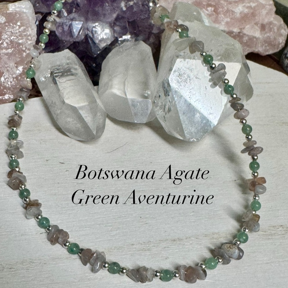 16” Green Aventurine and Botswana Agate Gemstone Beaded Choker Style Necklace
